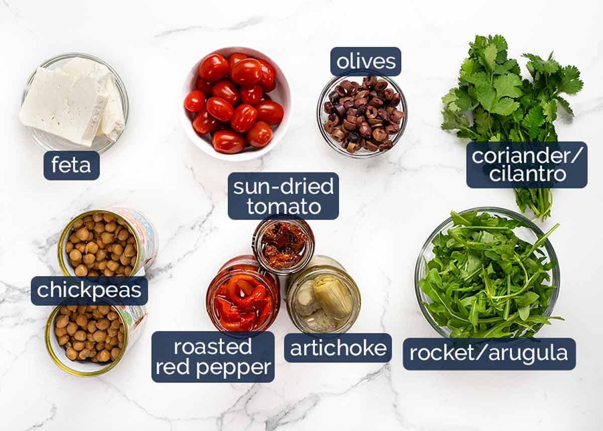 Ingredients in Antipasto chickpea salad