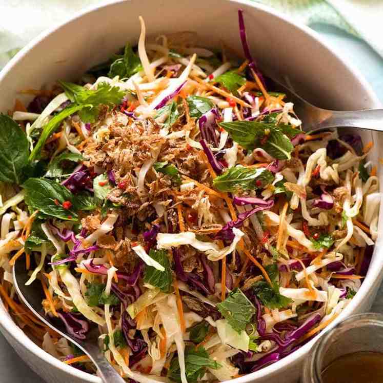Asian Slaw in a salad bowl with Asian Dressing, ready to be served