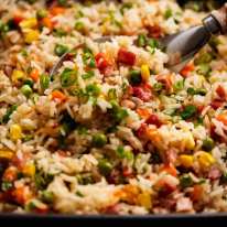 Close up showing how fluffy the "Dump 'n Bake" Fried Rice grain are