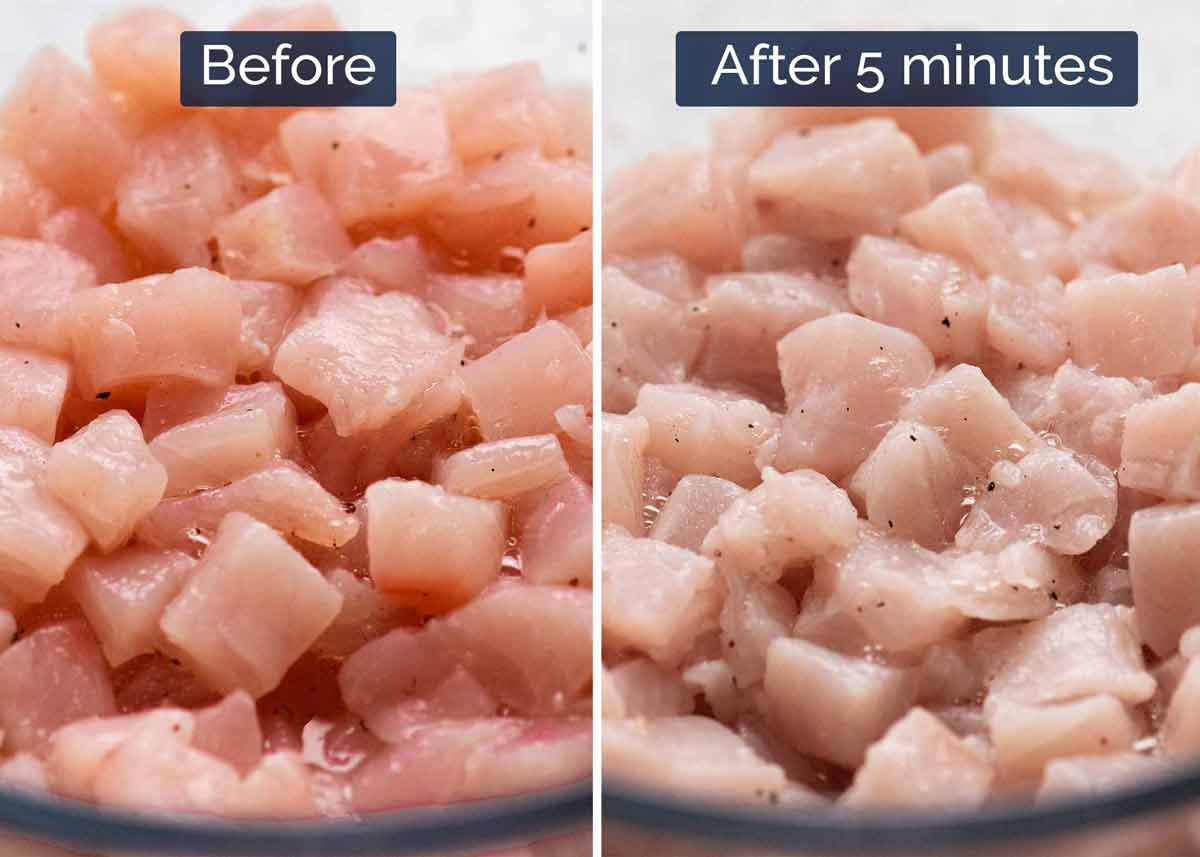 Photo showing before and after "cooking" raw fish with lime juice for Ceviche