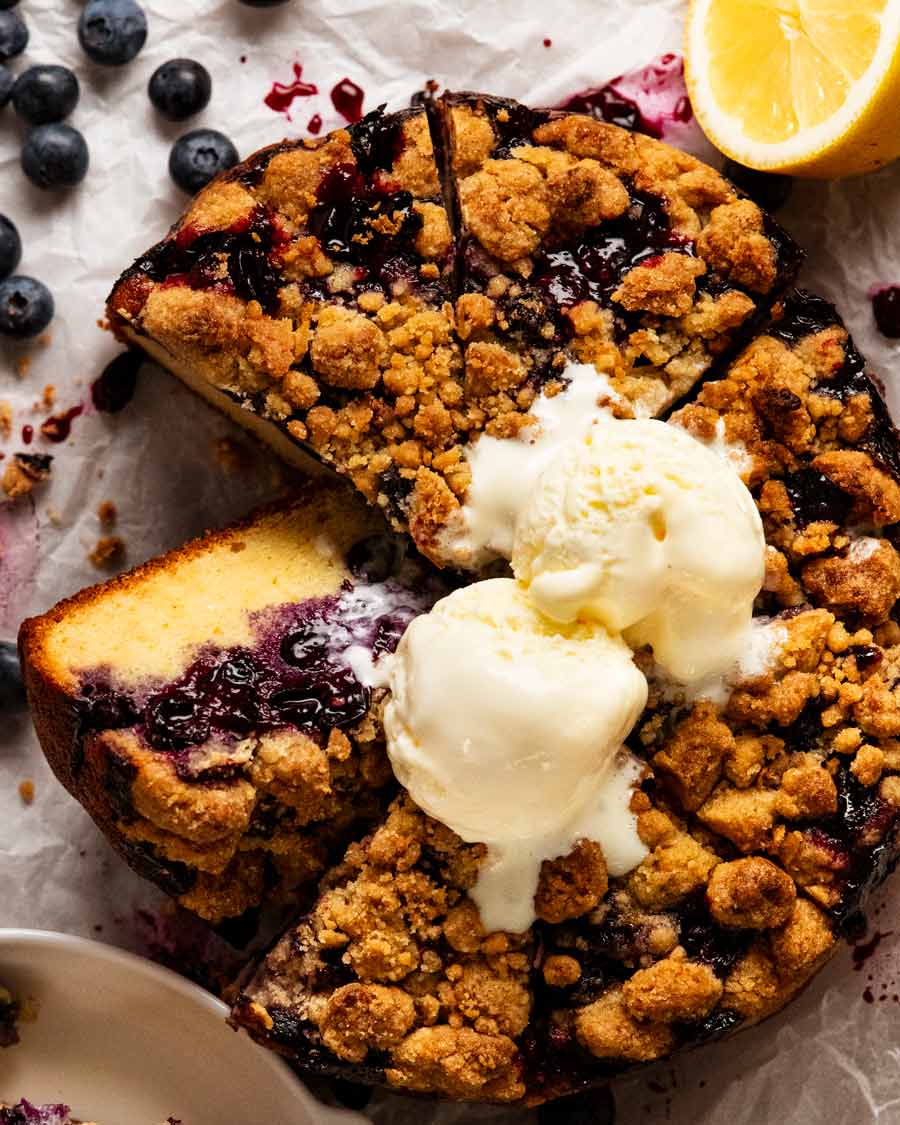 Overhead photo of Bursting Blueberry Crumb Cake