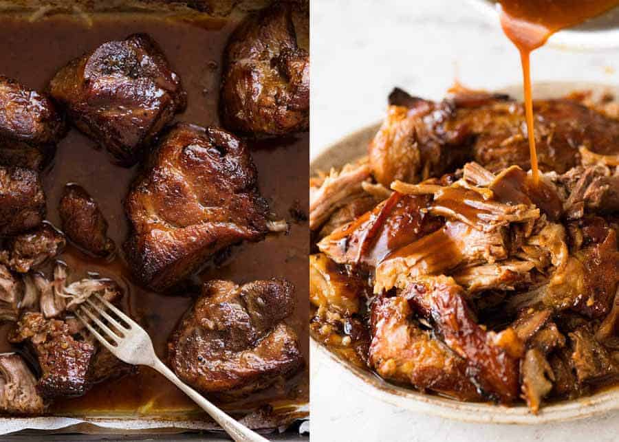 Brown Sugar Garlic Butter Roast Pork in a roasting pan, fresh out of the oven