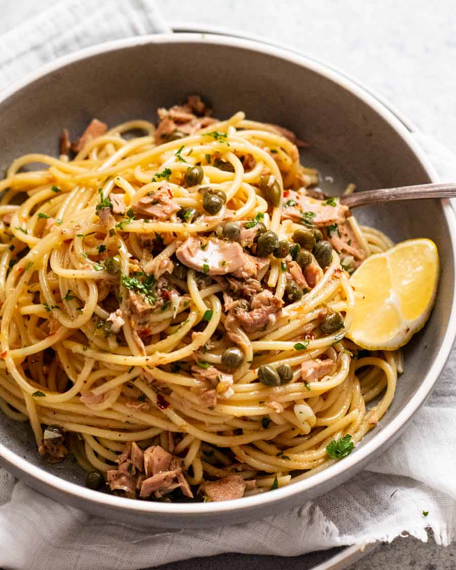 Canned tuna pasta in a bowl read to be eaten