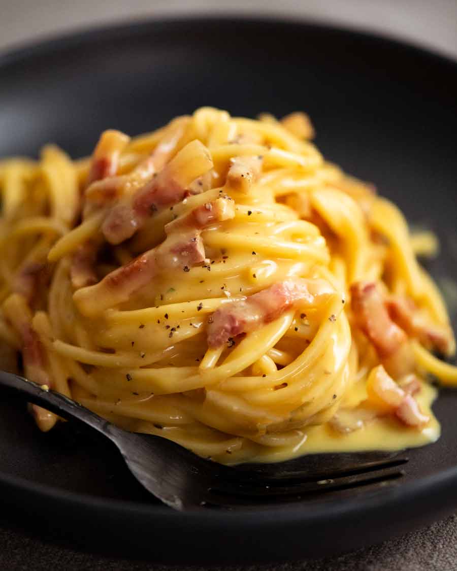Close up of a bowl of Carbonara ready to be eaten