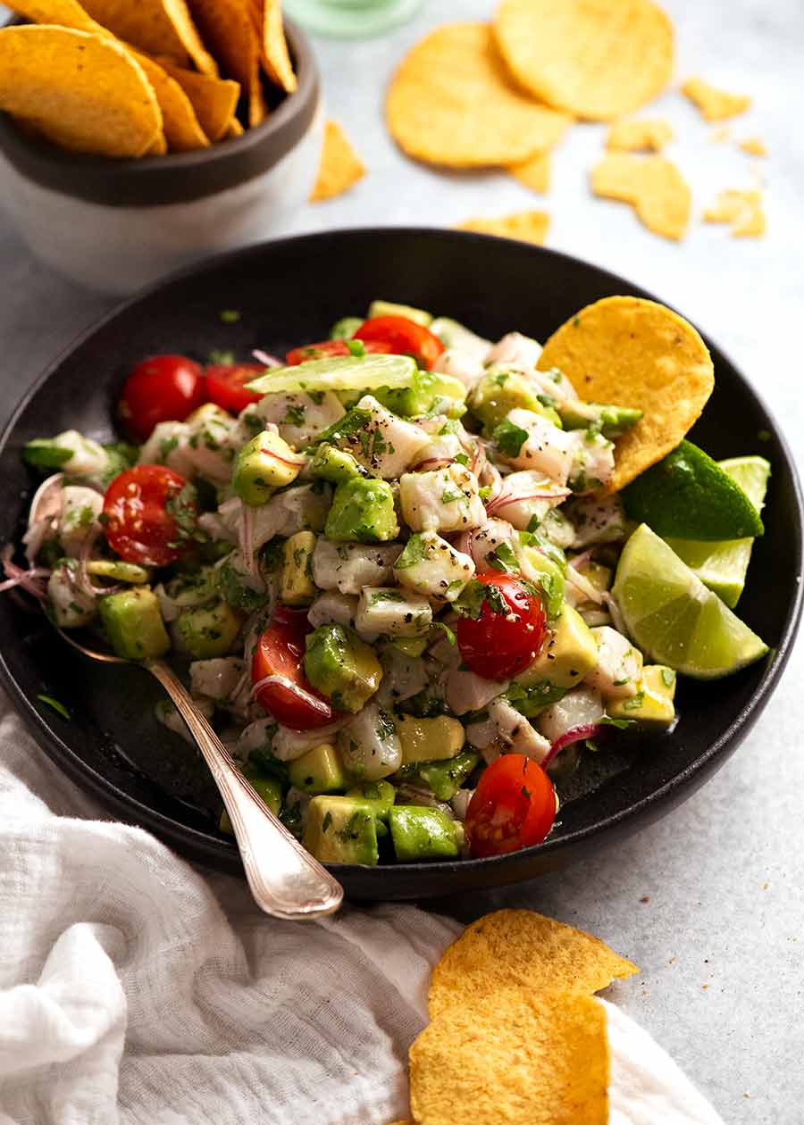 Bowl of Ceviche ready to be eaten 