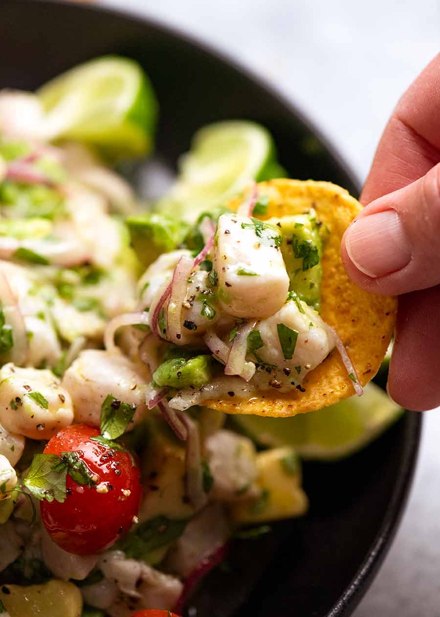 Close up of Ceviche on tortilla chip