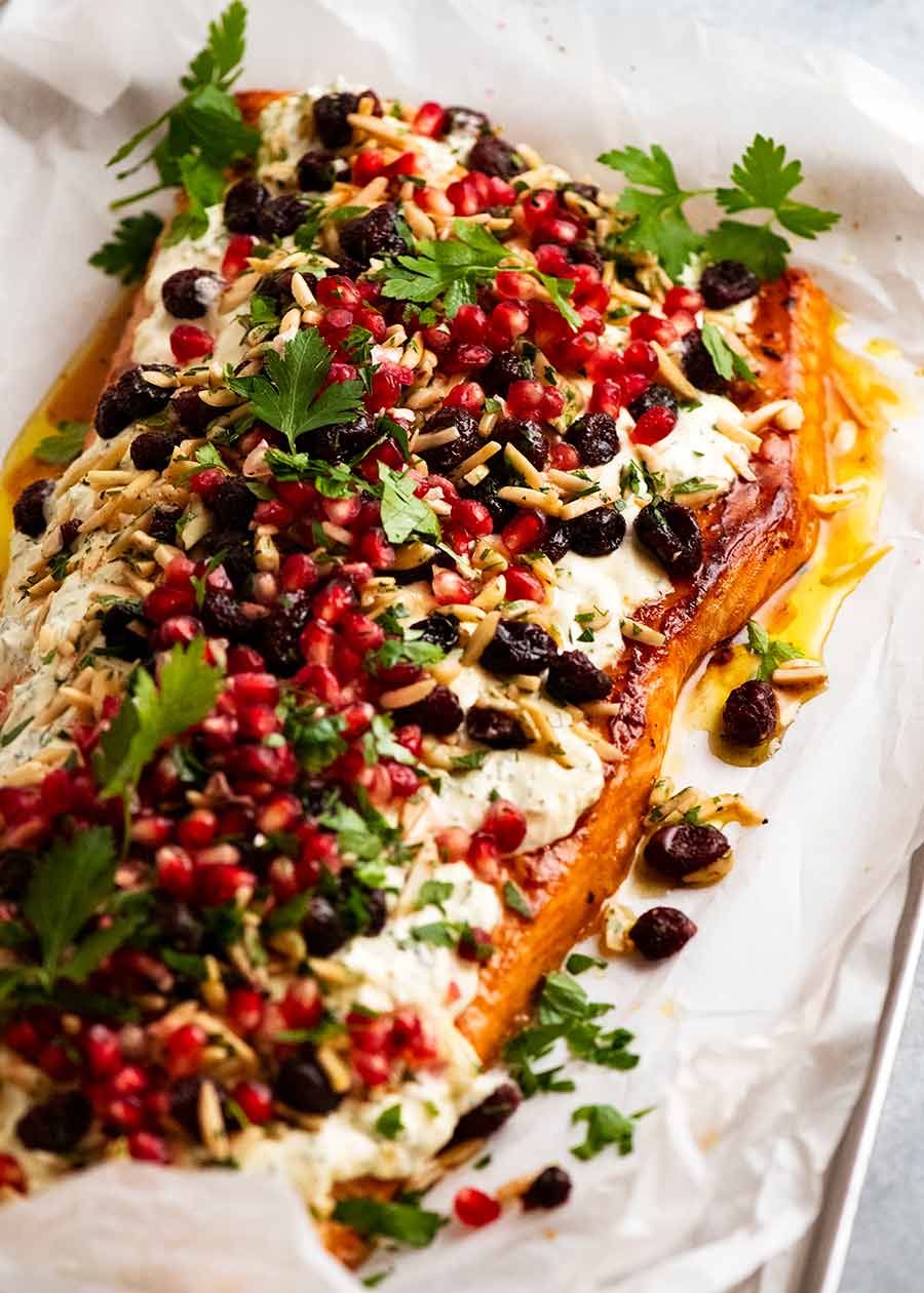 Christmas Baked Salmon on a platter, ready to be served