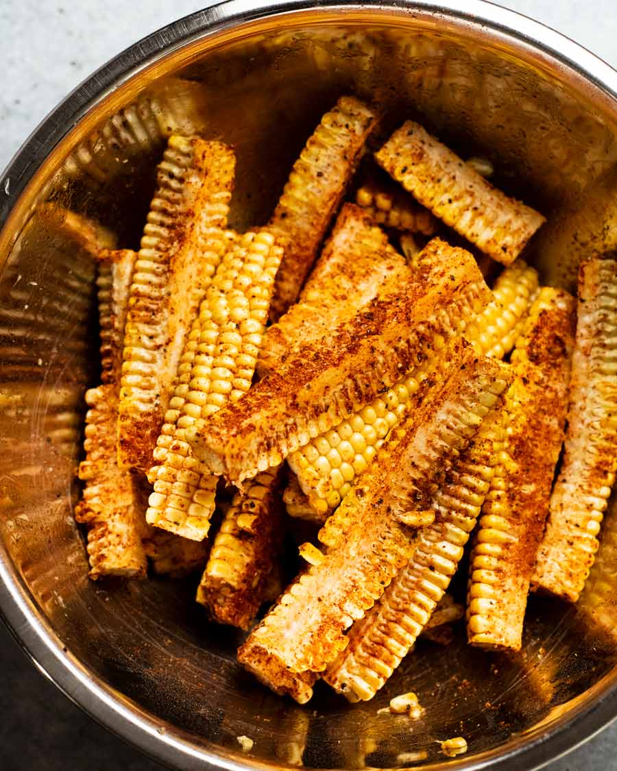 Seasoned Corn ribs ready to be cooked