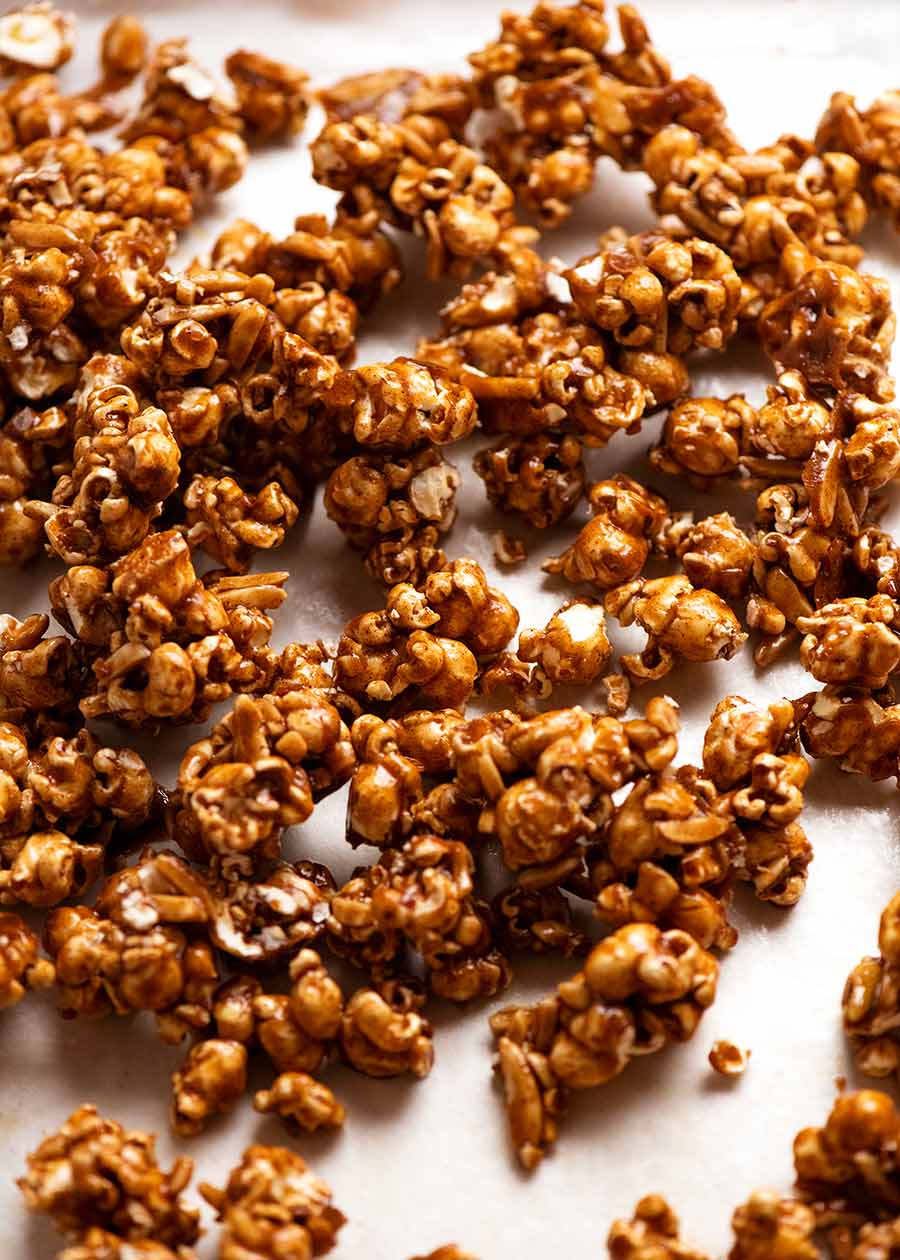 Christmas Popcorn Candy on a tray, cooled and ready to be eaten