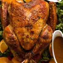 Juicy Roast Turkey fresh out of the oven with turkey gravy and cranberry