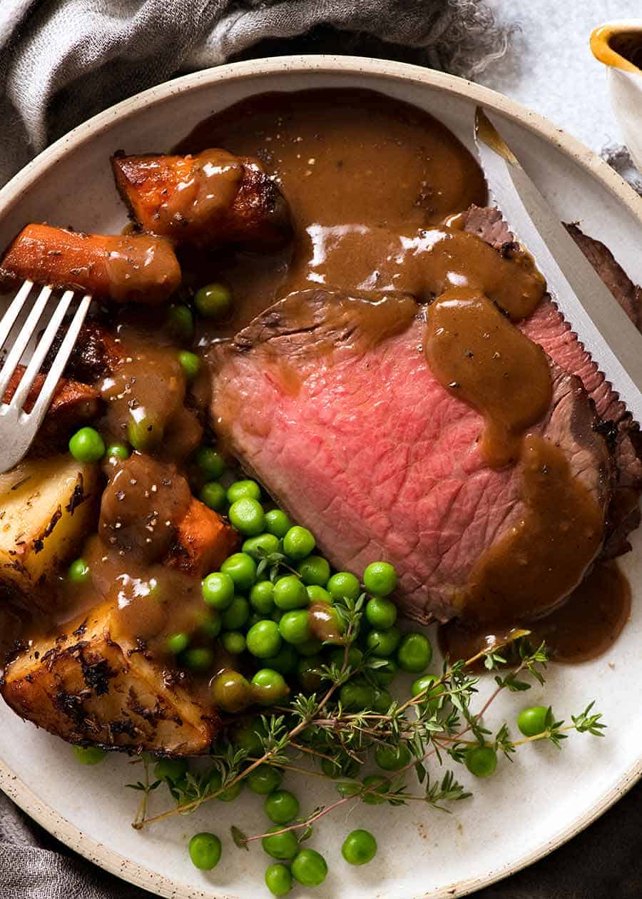 Overhead photo of roast beef dinner