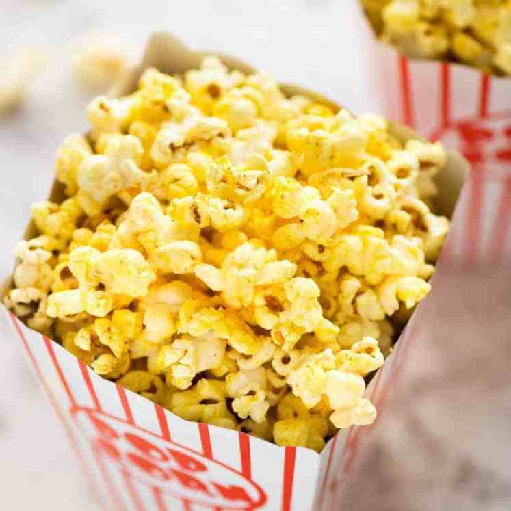 Yellow Homemade Movie Popcorn in a popcorn bucket