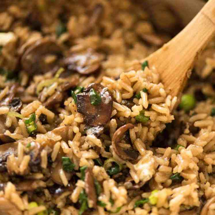 Close up of Mushroom Rice recipe in a pot, fresh off the stove