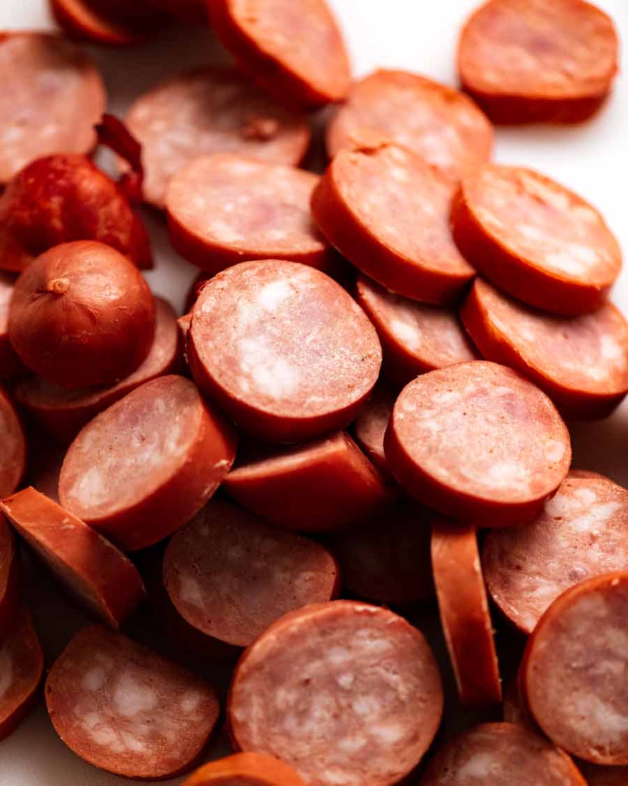 Close up of kransky sausage slices for One Pot Smoked Sausage and Rice