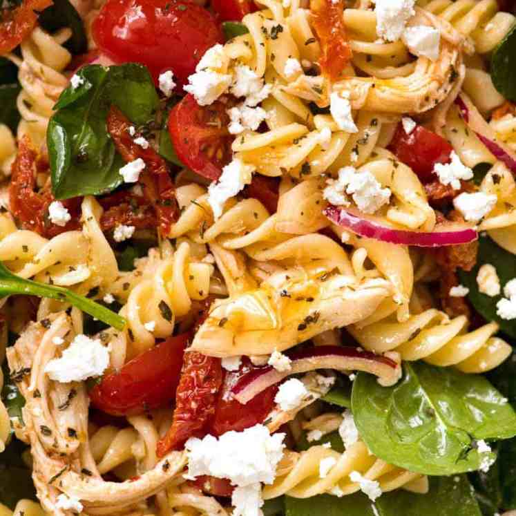 Close up of Pasta Salad with Chicken and Sun Dried Tomato