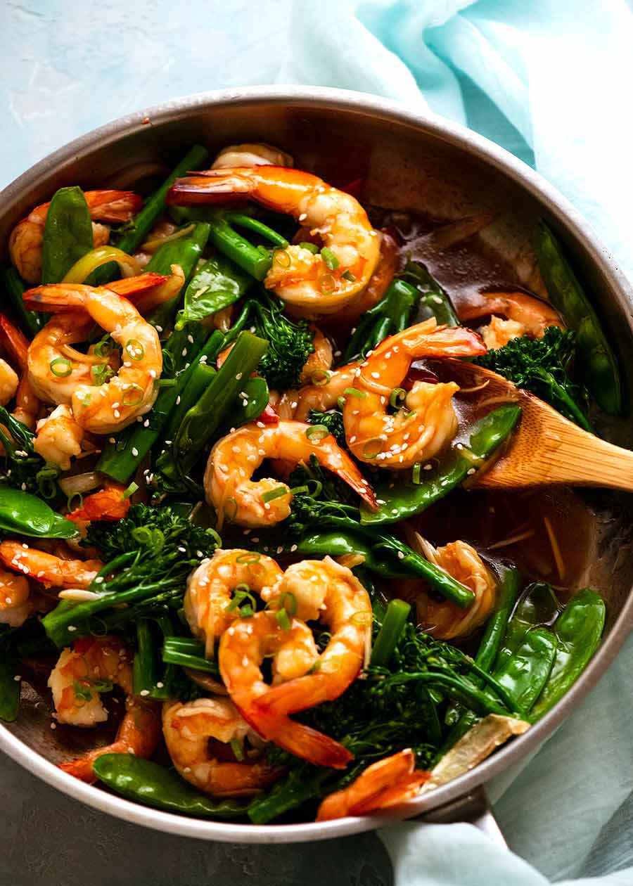 Prawn Stir Fry (Shrimp) in a silver skillet, fresh off the stove ready to be served