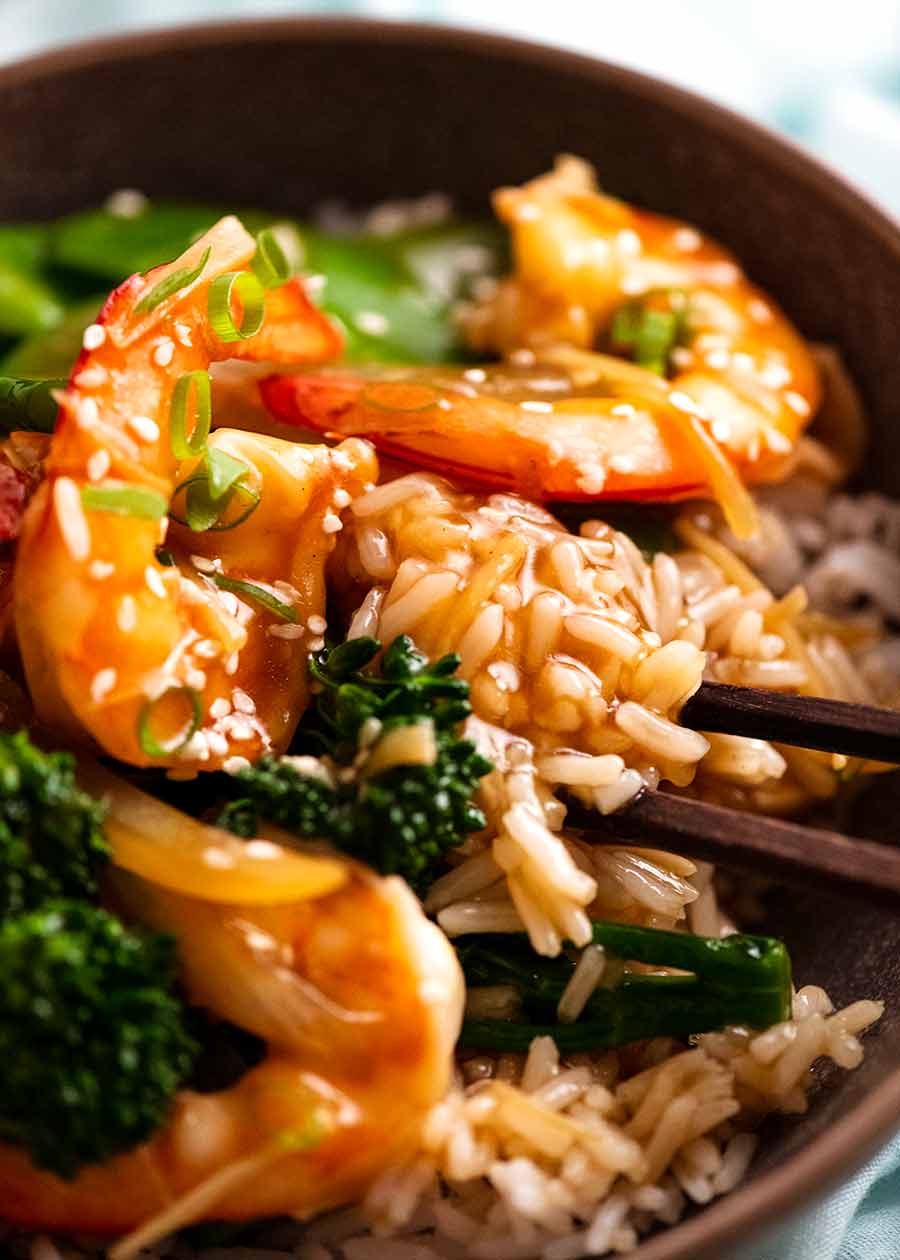 Close up of rice soaked with Prawn Stir Fry (Shrimp) sauce
