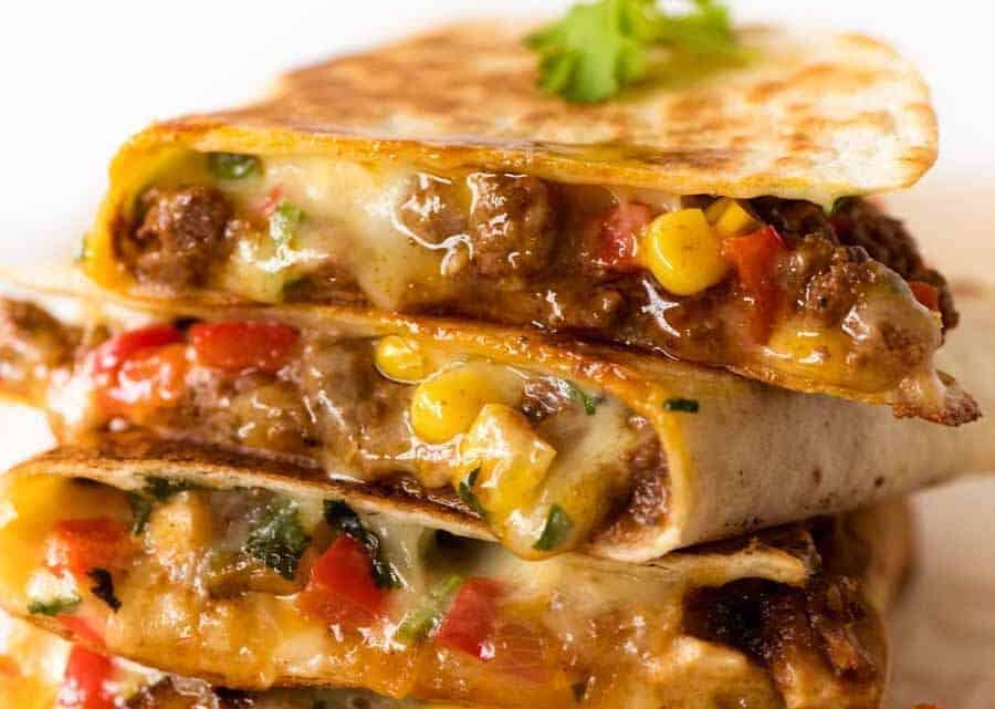 Close up of a stack of Beef Quesadillas