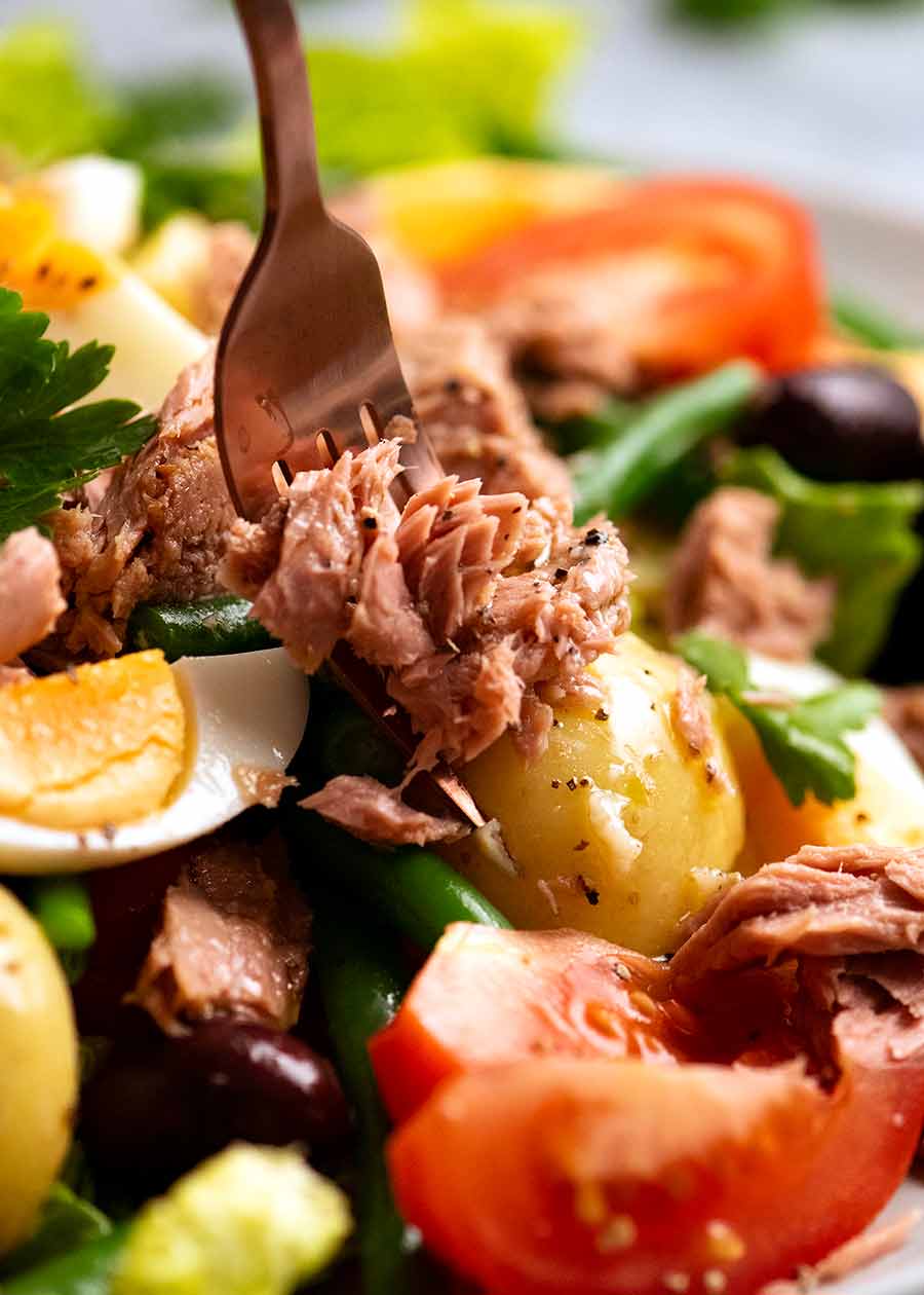 Fork close up eating Salad Nicoise - French Tuna Salad