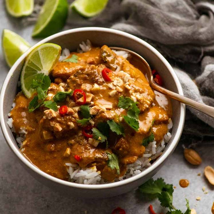 Bowl of Chicken Satay Curry (Malaysian) served over Jasmine Rice
