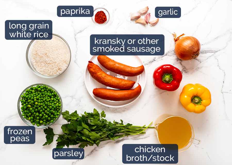 Ingredients in One Pot Smoked Sausage and Rice