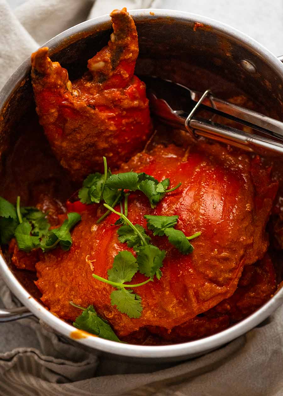 Singapore Chilli Crab in a pot fresh off the stove