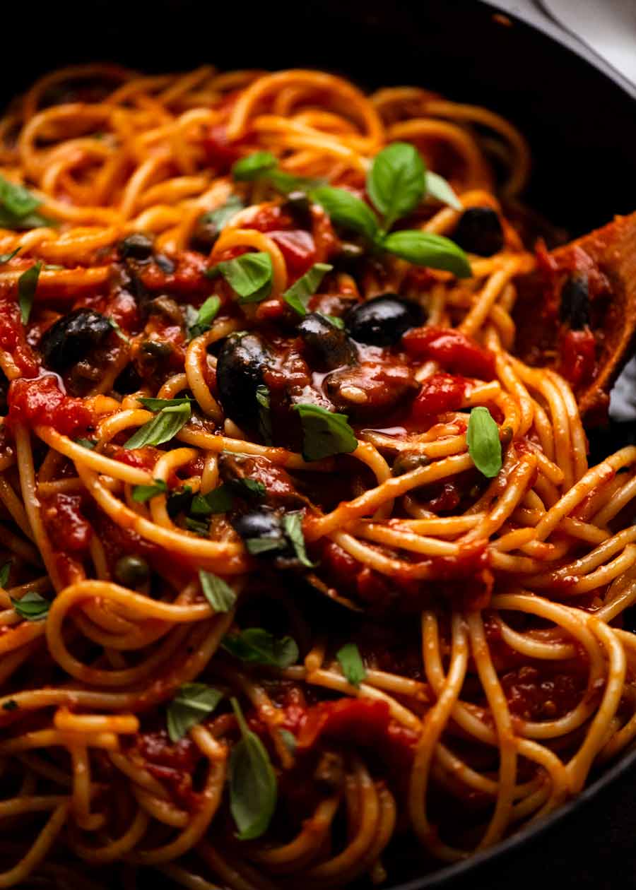 Close up of Spaghetti alla Puttanesca freshly made