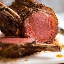 Close up of carved Standing Rib Roast ready to be served