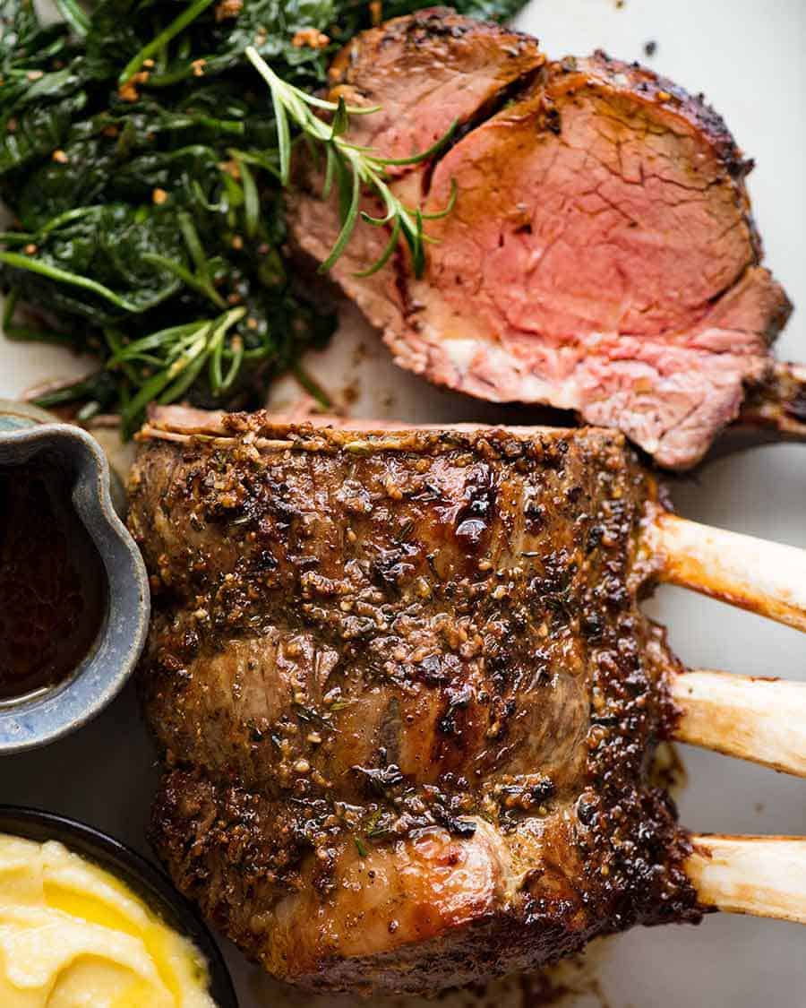 Overhead photo of Beef Standing Rib Roast (Prime Rib), ready to be served