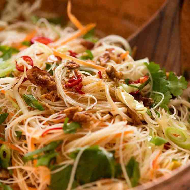 Close up of Vermicelli Noodle Salad with cabbage, carrot, beansprouts, coriander, chilli with an Asian dressing