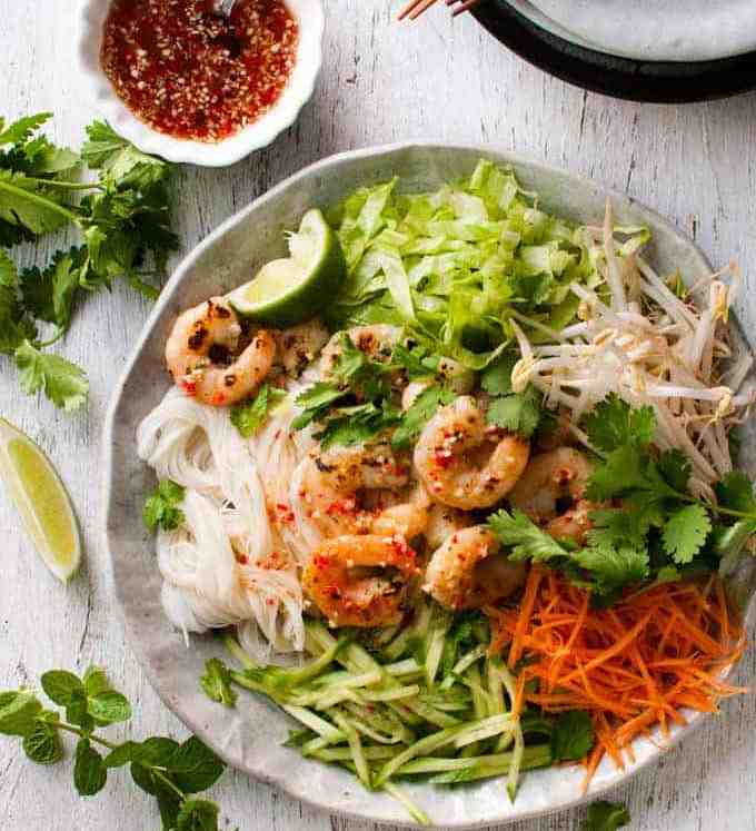 Vietnamese Shrimp Noodle Salad (rice noodles, lettuce, bean sprouts, carrot, cucumber, shrimp, dressing)