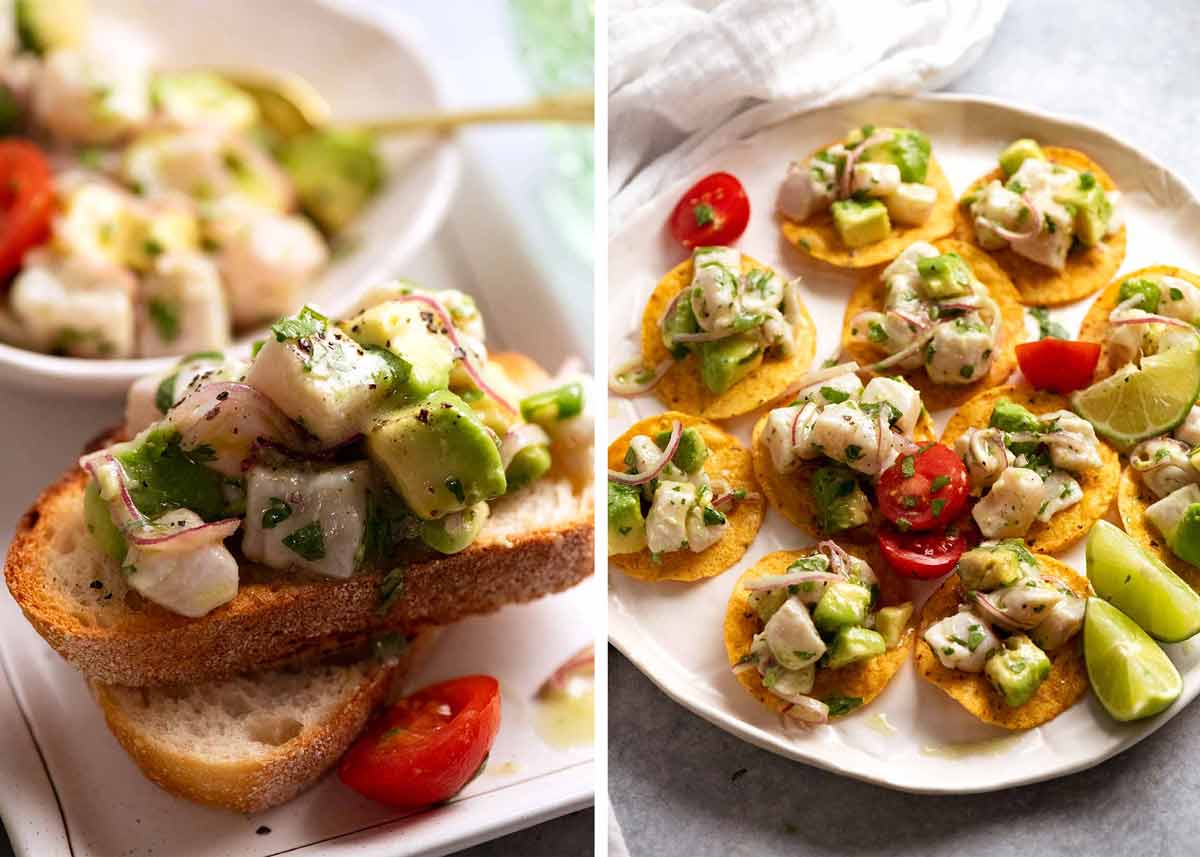 Two different ways to serve Ceviche - as an appetiser on corn chips or with crostini